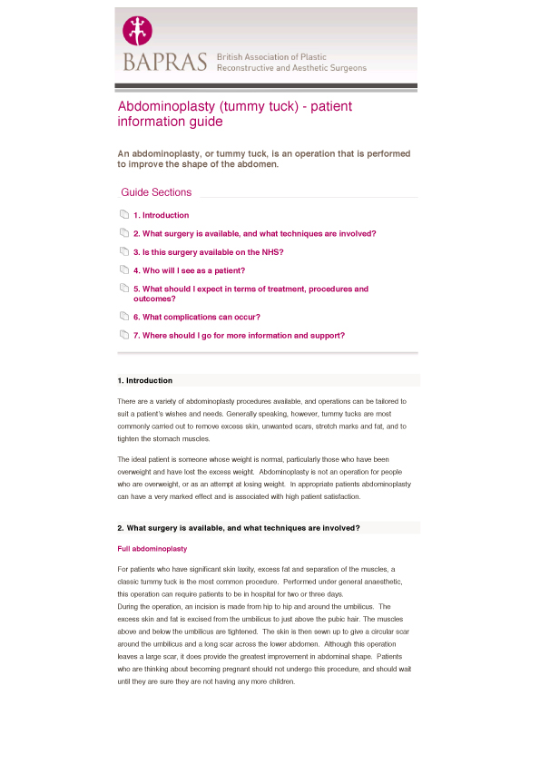 BAPRAS Tummy Tuck Advice pdf download
